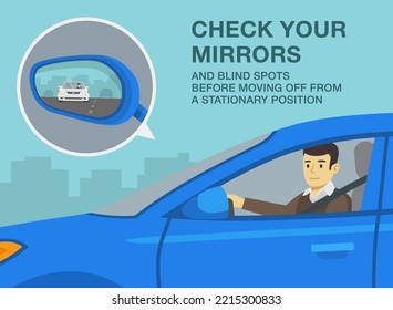 Safe driving tips and rules. Check your mirrors and blind spots before moving off from a stationary position. Close-up of male driver looking at wing mirror. Flat vector illustration template. svg