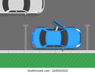 Safe driving tips and rules. Check before opening doors. Driver opening the vehicle's front door while another car is approaches. Beware of the door zone. Top view. Flat vector illustration template.