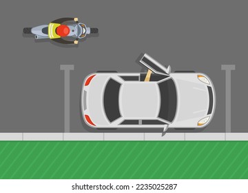 Safe driving tips and rules. Check before opening doors. Driver opening the vehicle's front door while motorcycle is approaches. Beware of the door zone. Top view. Flat vector illustration template.