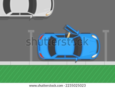 Safe driving tips and rules. Check before opening doors. Driver opening the vehicle's front door while another car is approaches. Beware of the door zone. Top view. Flat vector illustration template.