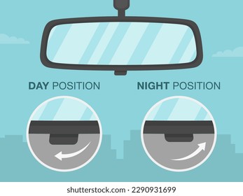 Sichere Tipps und Regeln für das Fahren. Nahaufnahme eines Rückspiegels. So passen Sie die Tages- und Nachtposition an. Flache Vektorgrafik-Vorlage.