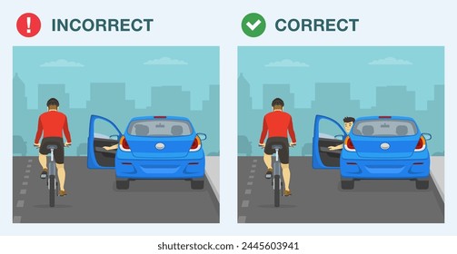 Safe driving tips and rules. Correct and incorrect opening door. Open the door with your far hand, it forces body to turn. Back view of a cyclist and parked car. Flat vector illustration template.