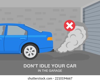 Safe Driving Tips And Rules. Do Not Idle Your Car In The Garage. Close-up Of Blue Car In Garage With Closed Gate. Flat Vector Illustration Template.