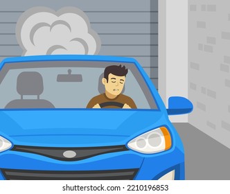 Safe driving tips and rules. Do not idle your car in the garage. Close-up front view of a drowsy driver with working engine in garage with closed gate. Flat vector illustration template.