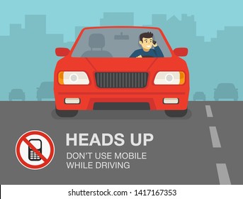 Safe driving tips and rules. Don't use mobile while driving a car. Young man talking on the phone. Flat vector illustration template. 