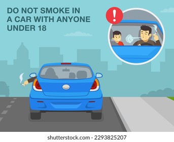 Safe driving tips and rules. Driver smoking a cigarette and male kid sitting in back seat. Hand with cigarette hanging out the car window. Back view. Flat vector illustration template.