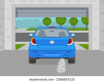 Safe driving tips and rules. Driver starts engine after opening the garage door. Back view of a car in garage. Flat vector illustration template.