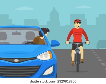 Safe driving tips and rules. Driver looks back before opening the vehicle's front door while bicyclist is approaches. Flat vector illustration template.