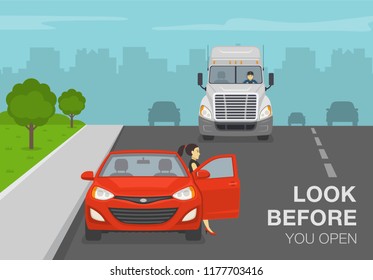 Safe driving tips and rules. Female driver getting out of a red car on the street. Car with open door. Flat vector illustration template.