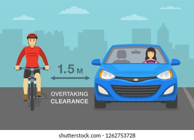 Weibliche Fahrer, die einen Radfahrer auf der Straße überholen. Vorderansicht des Radfahrers. Halte deine Distanz! Flache Vektorgrafik.