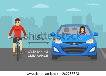 Safe driving tips and rules. Female driver overtaking a cyclist on road. Front view of cycling bike rider. Keep your distance. Flat vector illustration template.