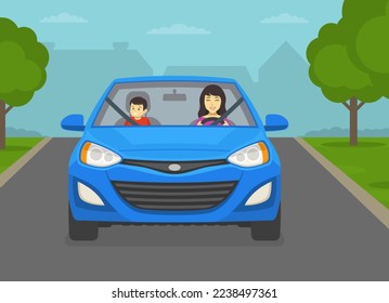 Safe driving tips and rules. Happy female driver and male kid sitting in front seats while driving a car. Flat vector illustration template.