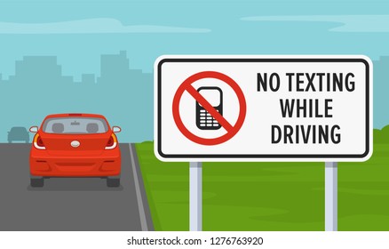 Safe driving tips and rules. No texting while driving traffic sign. Do not use cell phone, do not text and drive. Flat vector illustration template. 