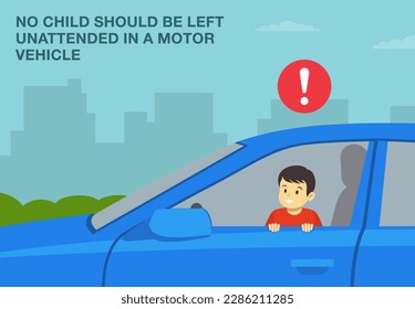 Safe driving tips and rules. No child should be left unattended in a motor vehicle. Close-up of kid sitting in front driver's seat. Side view. Flat vector illustration template.