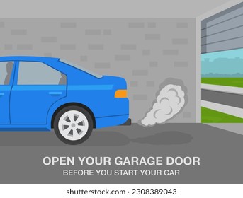 Safe driving tips and rules. Open garage door before you start your car. Side view of a car. Flat vector illustration template.