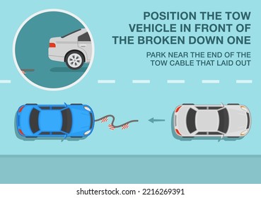 Safe driving tips. Rules for towing vehicles. White car towing a broken down blue car on a flexible hitch. Position the tow vehicle in front of the broken down one. Flat vector illustration.