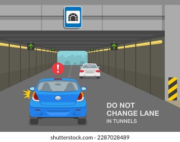 Safe driving tips and rules. Tunnel restrictions. Car is changing lane in high-speed tunnel. Do not change lane in tunnels. Flat vector illustration template.