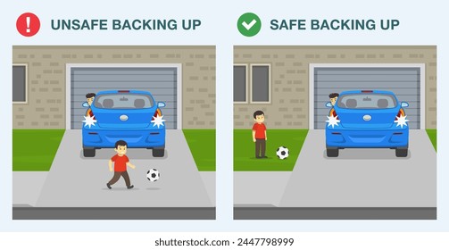 Safe driving tips and rules. Safe and unsafe backing car up. Car moving reverse while male kid plays with ball behind. Back view. Flat vector illustration template.