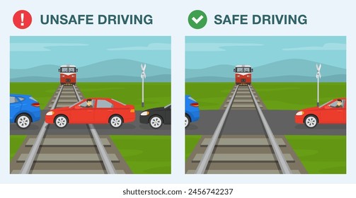 Sichere Fahrtipps und -regeln. Unsichere und sichere Fahrweise. Gehen Sie nicht in den Titel, es sei denn, auf der anderen Seite des Bahnübergangs ist ausreichend Platz vorhanden. Seitenansicht. Flache Vektorillustration Vorlage.