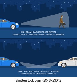 Safe driving tips and rules. Using low and high beam headlights tips. When to use vehicle headlights. Flat vector illustration template. 