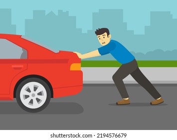 Safe Driving Tips And Rules. Young Man Pushing A Broken Red Car On A City Road. Flat Vector Illustration Template.