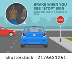 Safe driving tips and traffic regulation rules. Brake when you see "stop" sign, bring the car to complete stop. Car stopped at T-junction road. Flat vector illustration template.