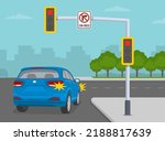 Safe driving tips and traffic regulation rules. Give way rules at traffic lights. Suv car making the right turn on "no turn on red" sign. Back view. Flat vector illustration template.