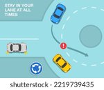 Safe driving tips and traffic regulation rules. Priority inside the roundabout. Stay in your lane at all times. Don