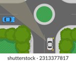 Safe driving tips and traffic regulation rules. The driver’s view of the road is obscured at a closed roundabout. Top view. Flat vector illustration template.