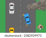 Safe driving tips and traffic regulation rules. Top view of a landslides and rockfalls on the road. Flat vector illustration template.