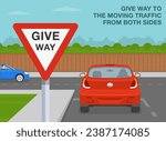 Safe driving tips and traffic regulation rules. Back view of a car stopped at junction. Close-up of a "Give way" sign. Flat vector illustration template.