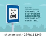 Safe driving tips and traffic regulation rules. Close-up of taxi parking sign. Parking or stopping by other road users is not permitted. Flat vector illustration template.