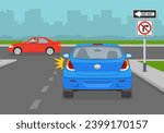Safe driving tips and traffic regulation rules. Back view of a car turning left into a one-way street. No right turn and one-way street sign. Flat vector illustration template.