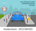 Safe driving tips and traffic regulation rules. No vehicles over maximum width shown. Back view of a car approaching traffic island. Flat vector illustration template.