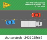 Safe driving tips and traffic regulation rules. Top view of a blue sedan car overtaking truck on a "No passing zone" sign area. Flat vector illustration template.