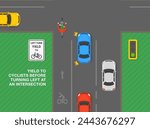 Safe driving tips and traffic regulation rules. Yield to cyclists before turning left at an intersection. Top view of a junction with bike lane. Flat vector illustration template.