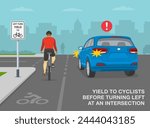 Safe driving tips and traffic regulation rules.Yield to cyclists before turning left at an intersection. Back view of a bicycle rider and suv. Flat vector illustration template.