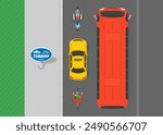 Safe driving tips and traffic regulation rules. Top view of a route for buses, pedal cycles, solo motorcycles and taxis. Flat vector illustration template.