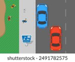 Safe driving tips and traffic regulation rules. Red car is approaching the "Home zone" sign area. Top view. Flat vector illustration template.