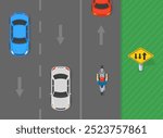 Safe driving tips and traffic regulation rules. Top view of a two way street where two lanes are in the opposite direction. Flat vector illustration template.