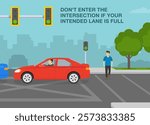 Safe driving tips and traffic regulation rules. Don't enter the intersection if lane is full. Steam of cars obstructed the intersection. Side view. Flat vector illustration template.