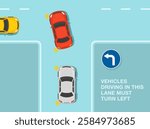 Safe driving tips and traffic regulation rules. European "Turn left only" road sign meaning. Traffic flow turns left in t-intersection. Top view. Flat vector illustration template.