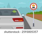 Safe driving tips and traffic regulation rules. "No vehicles carrying explosive or inflammables" road sign area. Back view of a car with liquid propane gas. Flat vector illustration template.