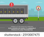 Safe driving tips and traffic regulation rules. "No vehicles carrying explosive or inflammables" sign rule. Side view of a semi-trailer transporting barrels. Flat vector illustration template.