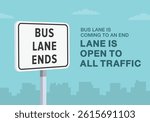 Safe driving tips and traffic regulation rules. Close-up of United States "bus lane ends" sign meaning. The lane is open to all traffic. Flat vector illustration template.