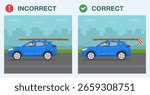 Safe driving tips and traffic regulation rules. Correct and incorrect driving. Carrying a load on a vehicle roof. Side view of the car with timber. Flat vector illustration template.