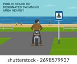 Safe driving tips and traffic regulation rules. Public beach scenery. Male motorcycle rider stopped at swimming area sign. Back view. Flat vector illustration template.