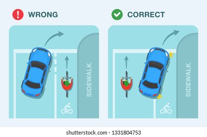 Safe driving tips and traffic regulation rules. Right turn and bike lane traffic rules. Sedan car and cyclist on a bicycle lane. Flat vector illustration template.