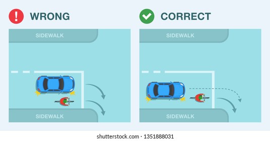 Safe driving tips and traffic regulation rules. Correct and wrong right turn on junction. Sedan car and cyclist on a bicycle. Flat vector illustration template.
