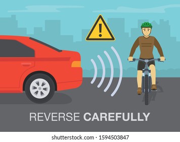 Safe driving tips and traffic regulation rules. Reverse carefully infographic. Car moving back. Flat vector illustration template.